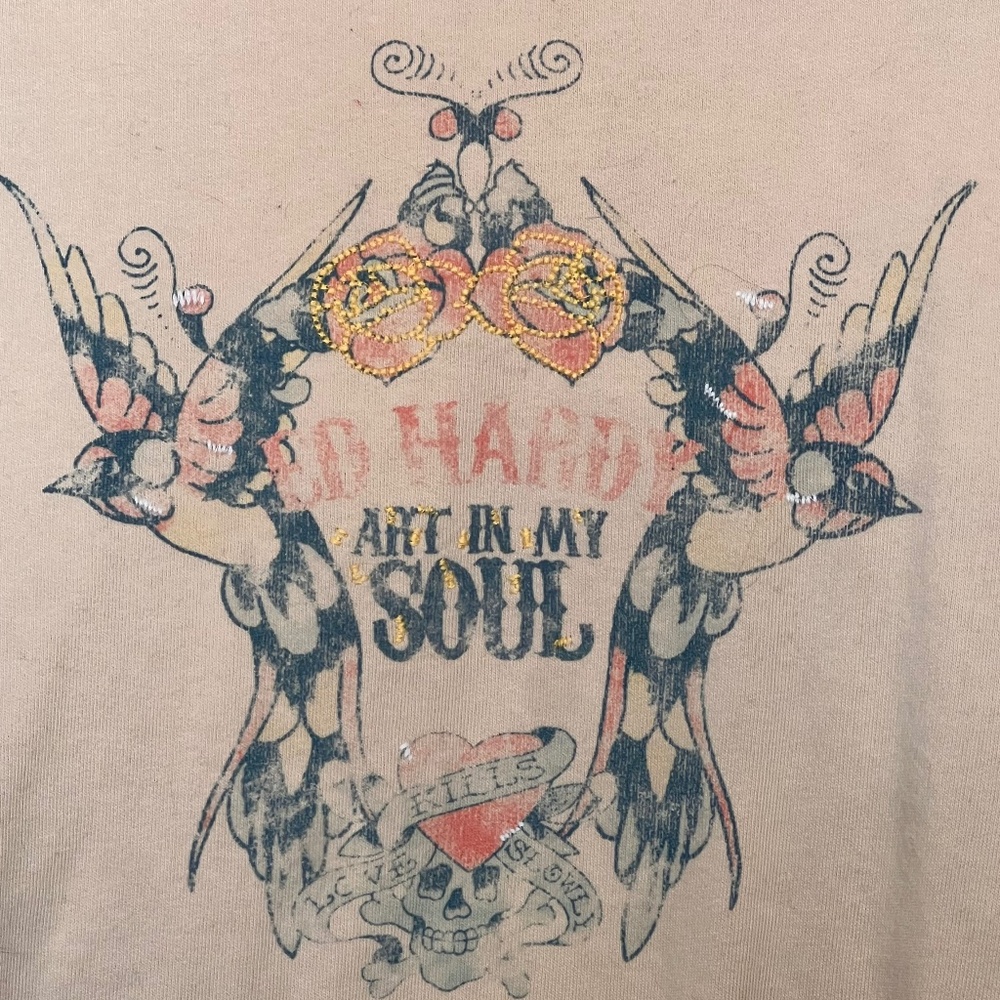 Ed Hardy by Christian Audigier Zip Hoodie L Y2K Tattoo Art In My Soul Beige